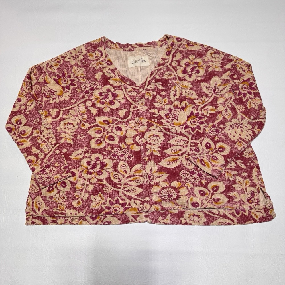 Pilcro Anthropologie Thermal Top Womens XS Burgundy Floral Waffle Knit Boho Boxy